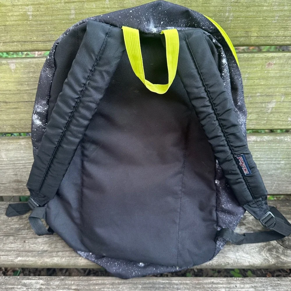 Jansport SuperBreak Backpack Black Galaxy Space Print Neon Green Accents Classic
